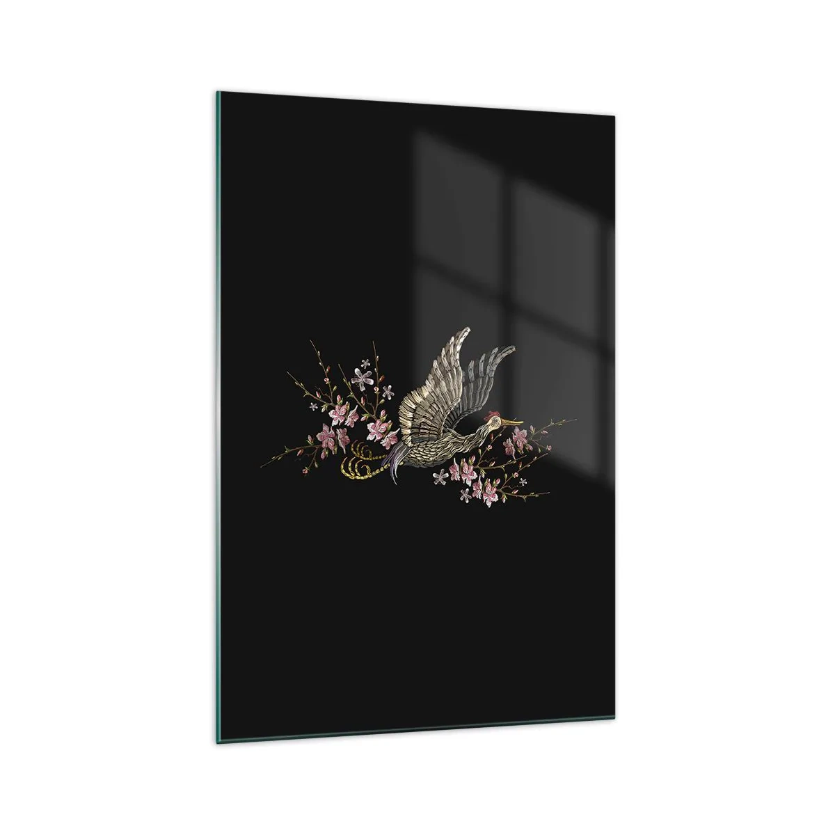 Quadro su vetro - Un uccello in volo con fiori su sfondo nero - 70x100cm - Uccello esotico ricamato - Decorazione murale moderna per soggiorno e camera da letto ARTTOR
