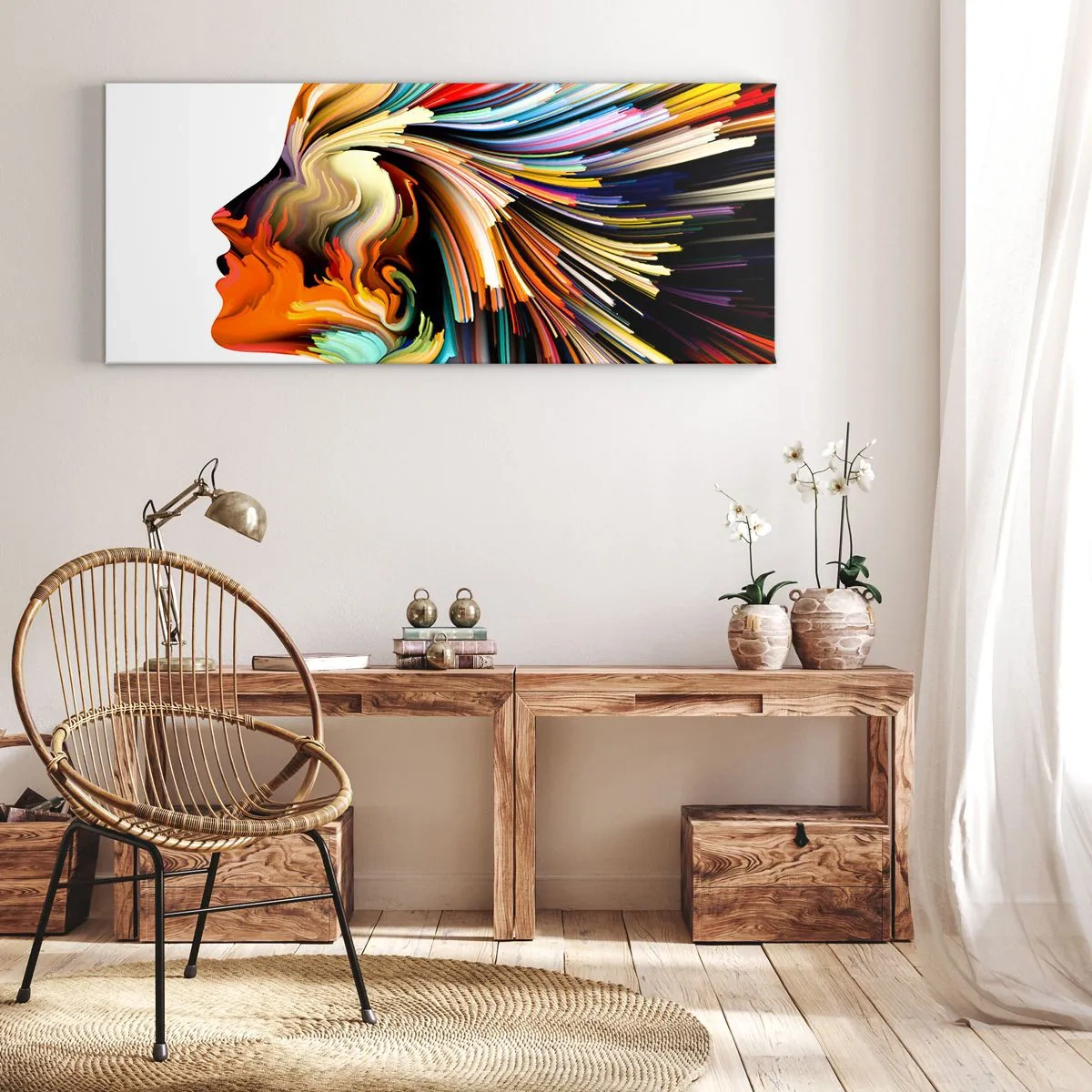 Quadro su tela - Stampe su Tela - Profilo astratto del viso con linee dinamiche colorate. - 160x50cm - Esplosione di fantasia - Decorazione murale moderna per soggiorno e camera da letto ARTTOR