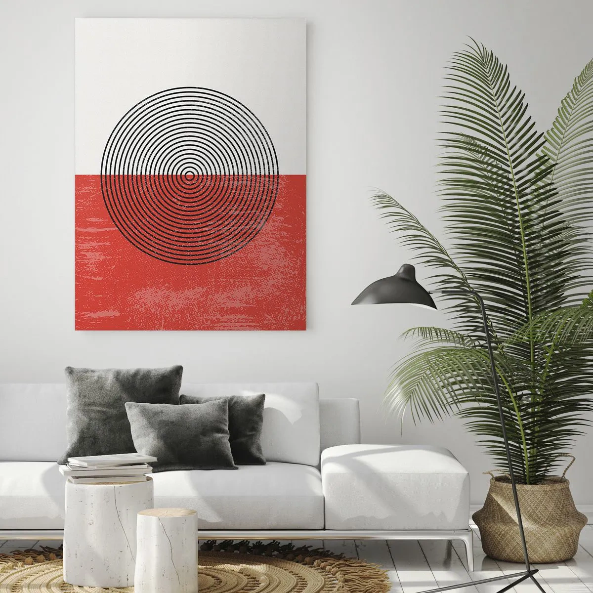 Quadro su vetro - Motivo geometrico con cerchi concentrici su sfondo rosso e bianco - 70x100cm - Dritto al centro - Decorazione murale moderna per soggiorno e camera da letto ARTTOR