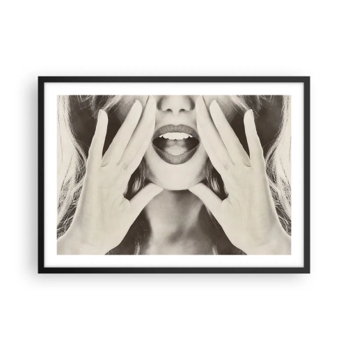 Poster in cornice nera - Ritratto in bianco e nero di una donna con labbra e mani espressive - 70x50cm - Arrivo! - Decorazione murale moderna per soggiorno e camera da letto ARTTOR