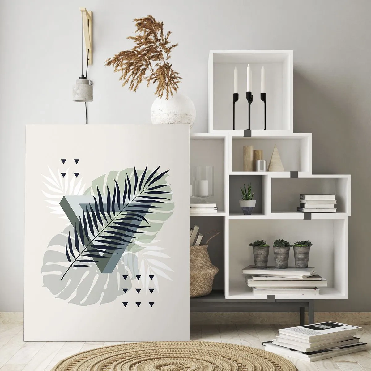 Quadro su vetro - Composizione geometrica con foglie tropicali nei toni del verde - 70x100cm - Natura e geometria: due ordini? - Decorazione murale moderna per soggiorno e camera da letto ARTTOR