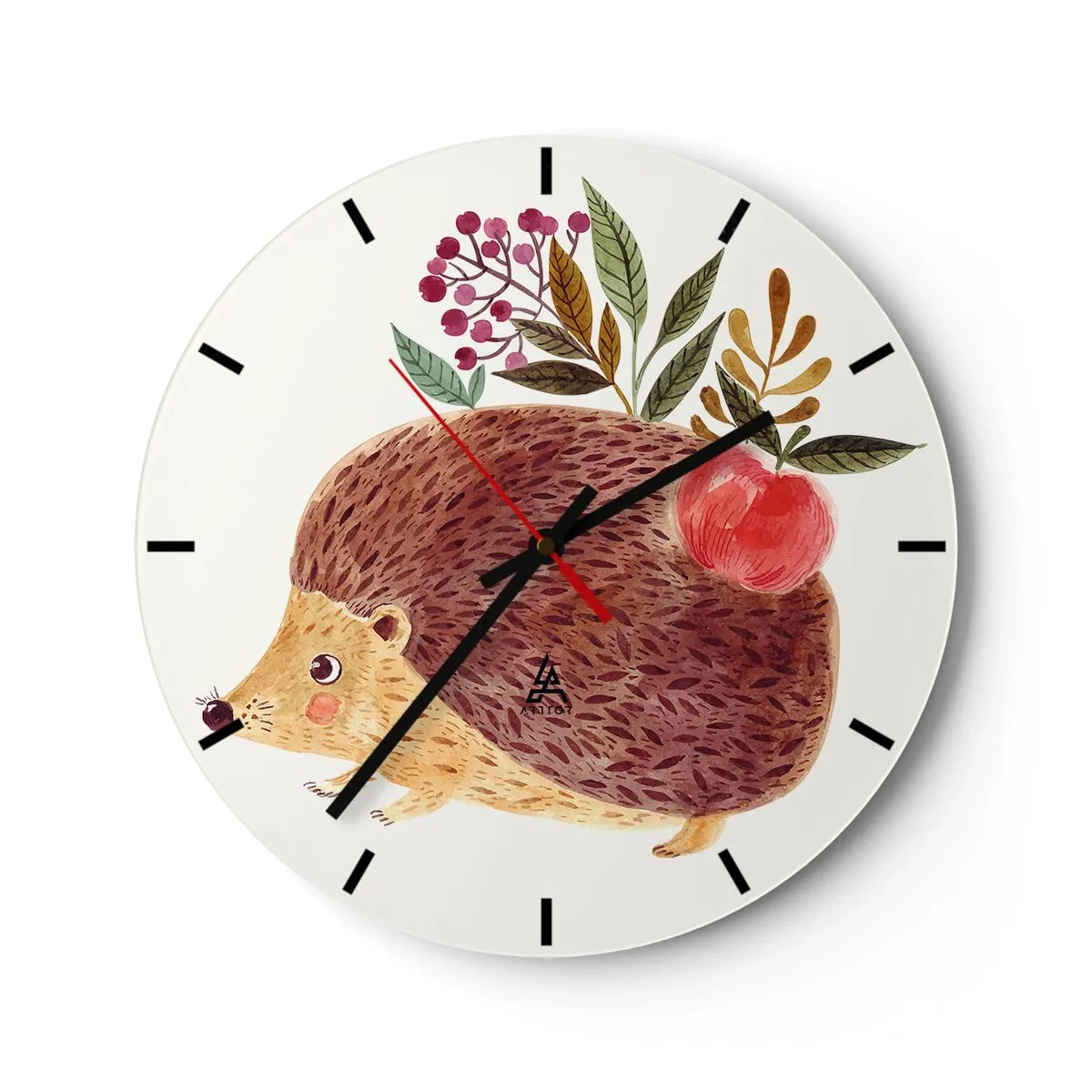 Orologio da parete - Orologio in Vetro - Riccio con una mela e ramoscelli su uno sfondo chiaro - 30x30cm - E mi vuoi già bene - Decorazione murale moderna per soggiorno, cucina e camera da letto ARTTOR