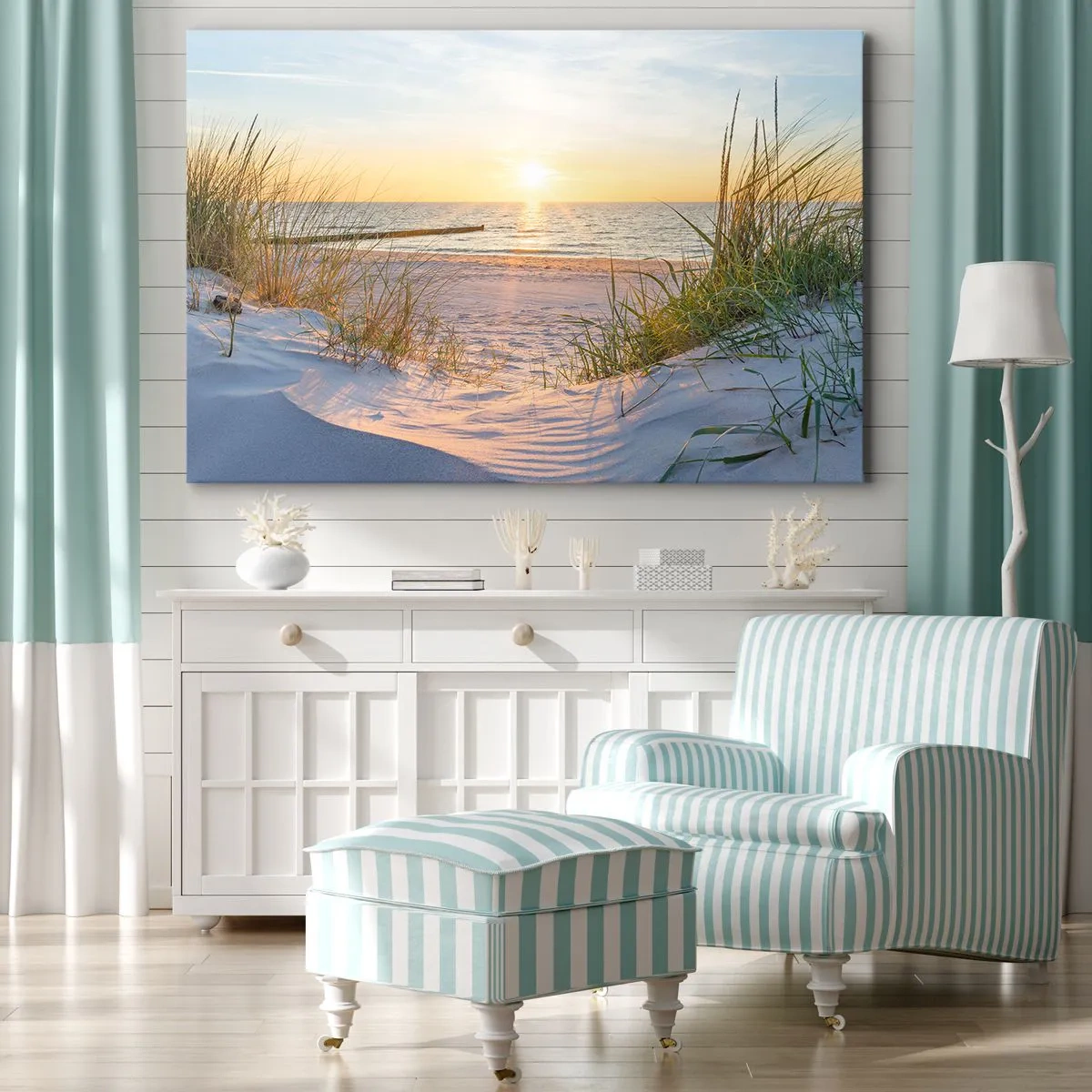 Quadro su tela - Stampe su Tela - Una spiaggia sabbiosa con vista sul tramonto sul mare - 120x80cm - Rumore del mare, uccelli che cantano, spiaggia selvatica tra i cespugli... - Decorazione murale moderna per soggiorno e camera da letto ARTTOR