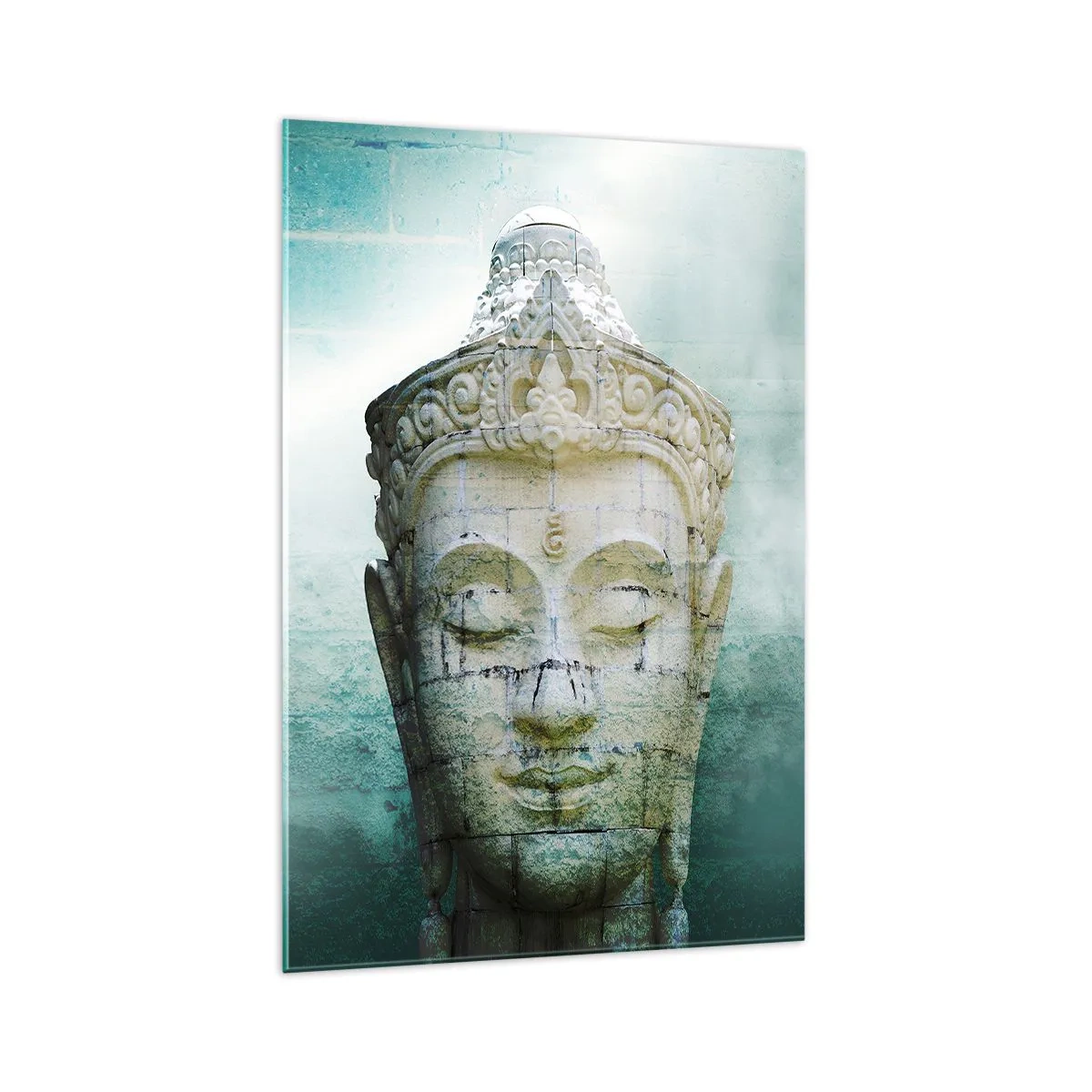 Quadro su vetro - Statua del Buddha con una leggera nebbia su uno sfondo verde - 70x100cm - Cercando la luce - Decorazione murale moderna per soggiorno e camera da letto ARTTOR