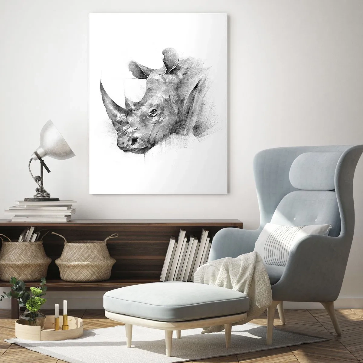 Quadro su vetro - Ritratto artistico di un rinoceronte in bianco e nero - 80x120cm - Ritratto africano - Decorazione murale moderna per soggiorno e camera da letto ARTTOR