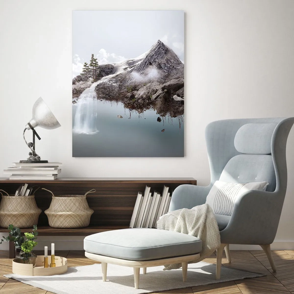 Quadro su vetro - Una montagna surreale che galleggia tra le nuvole con una cascata - 80x120cm - Con l'occhio del surrealista - Decorazione murale moderna per soggiorno e camera da letto ARTTOR
