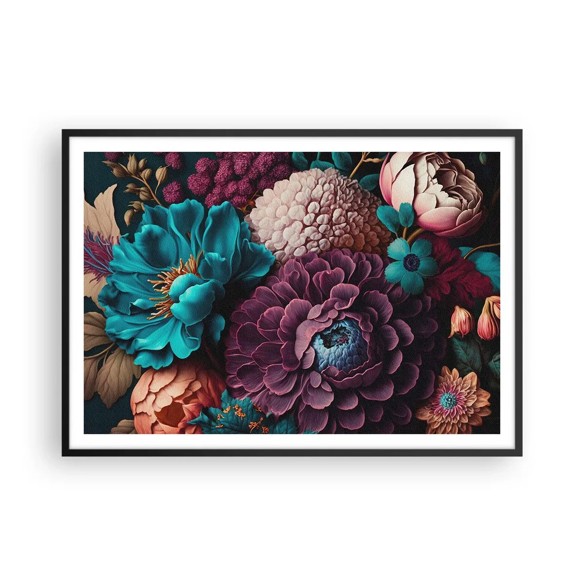 Poster in cornice nera - Un mazzo di fiori dai colori intensi su uno sfondo scuro - 100x70cm - Ricchezza della natura - Decorazione murale moderna per soggiorno e camera da letto ARTTOR
