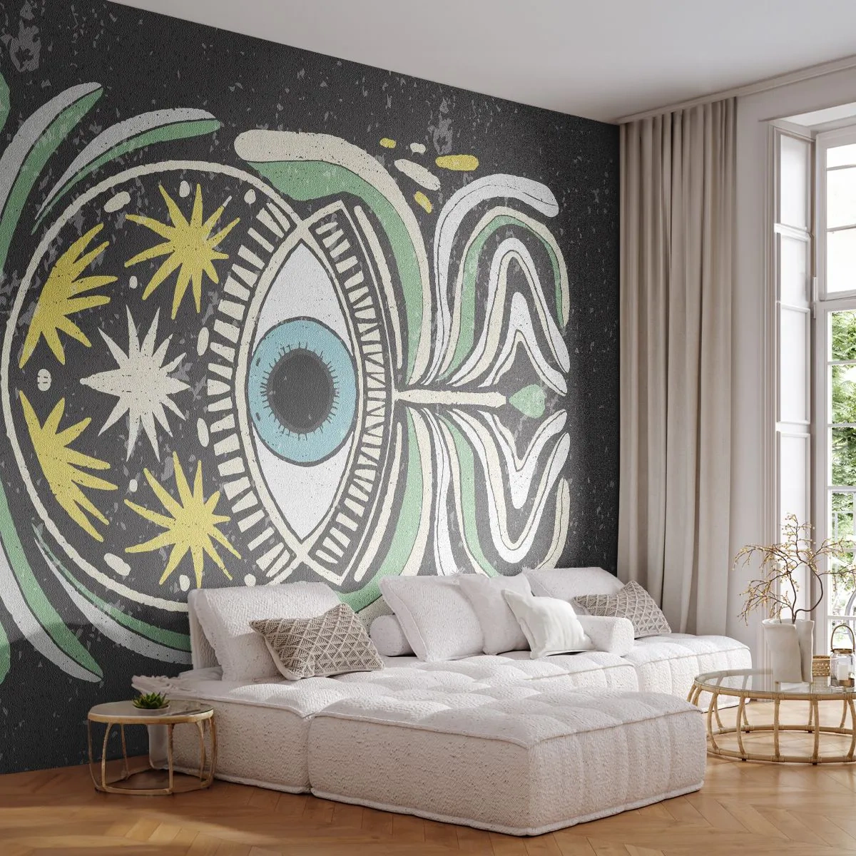 Fotomurali Premium Sand - Occhio tribale simbolico su sfondo scuro - 100x70cm - Rituali tribali - Decorazione murale moderna per soggiorno e camera da letto ARTTOR