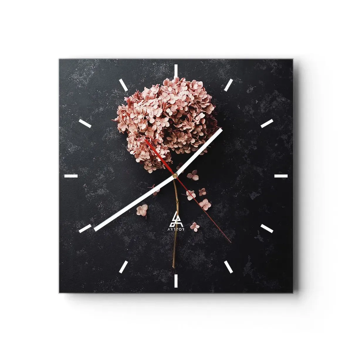 Orologio da parete - Orologio in Vetro - Un delicato fiore di ortensia su uno sfondo scuro - 30x30cm - Un vero segno romantico - Decorazione murale moderna per soggiorno e camera da letto ARTTOR
