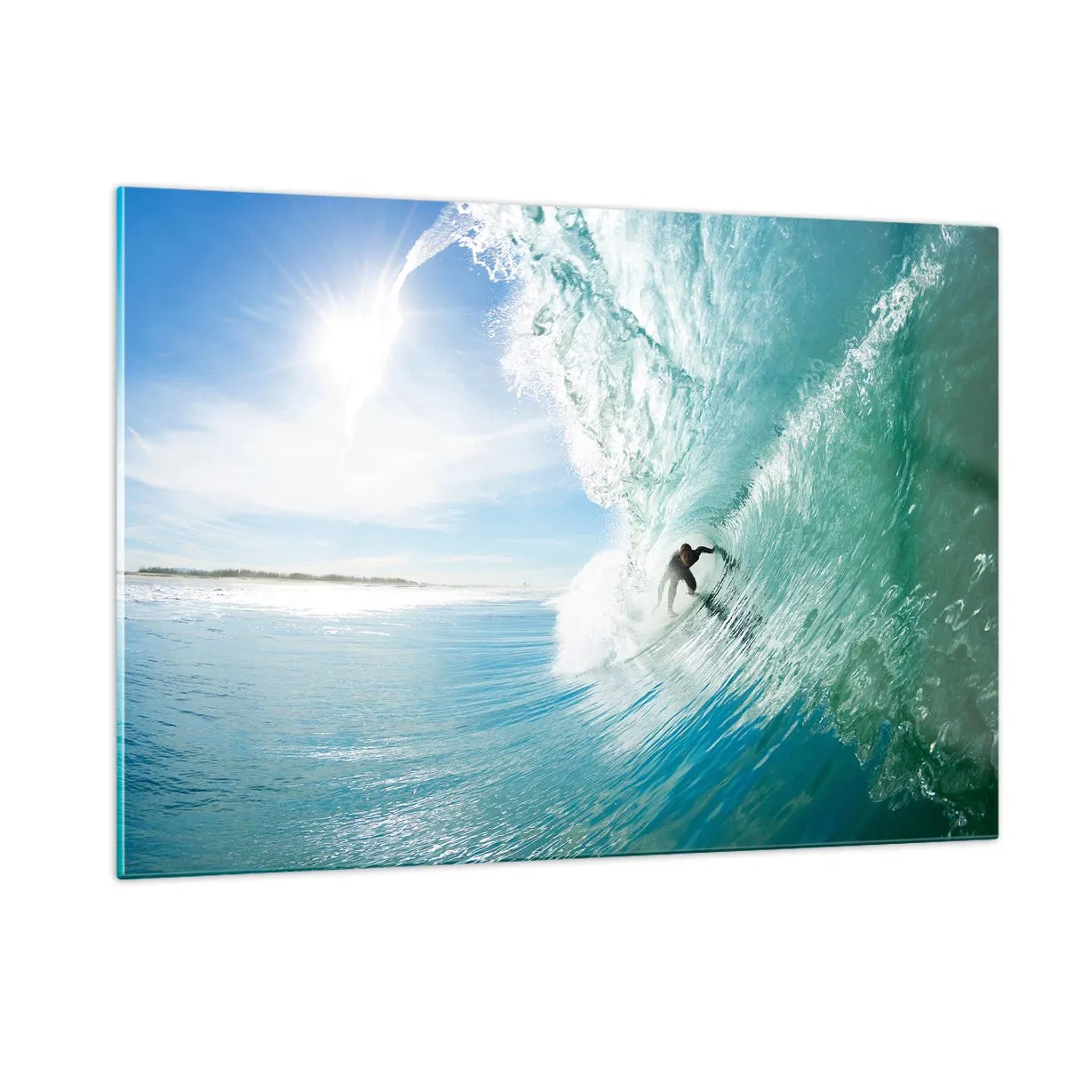 Quadro su vetro - Un surfista cavalca un'onda contro un cielo blu - 120x80cm - Sempre sull'onda - Decorazione murale moderna per soggiorno e camera da letto ARTTOR