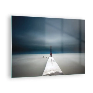Quadro su vetro - Un molo minimalista che conduce al faro sullo sfondo del mare e del cielo - 70x50cm - Incontrando l'infinito - Decorazione murale moderna per soggiorno e camera da letto ARTTOR