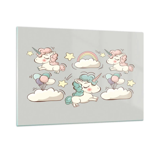 Quadro su vetro - Simpatici unicorni tra le nuvole con arcobaleno e palloncini - 120x80cm - Sicuramente esistono… - Decorazione murale moderna per soggiorno e camera da letto ARTTOR