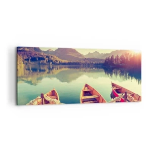 Quadro su tela - Stampe su Tela - Barche su un lago calmo circondato da montagne al tramonto - 120x50cm - Vivere secondo le sue leggi - Decorazione murale moderna per soggiorno e camera da letto ARTTOR