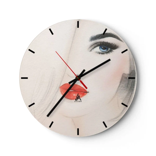 Orologio da parete - Orologio in Vetro - Ritratto artistico di una donna con labbra rosse e occhi azzurri - 30x30cm - Ipnotizza e inebria - Decorazione murale moderna per soggiorno, cucina e camera da letto ARTTOR