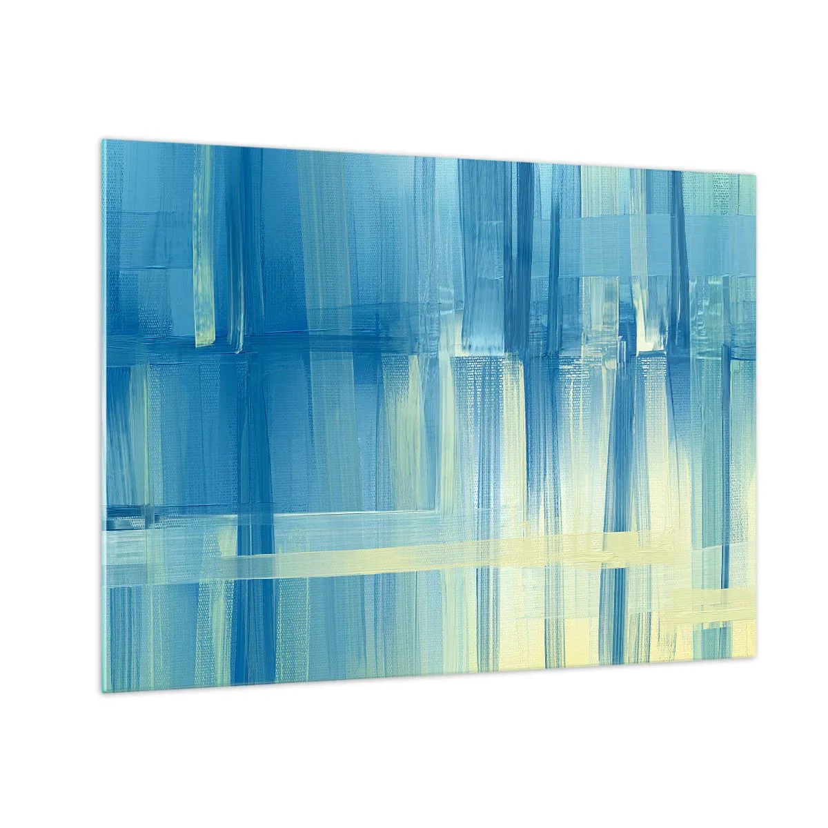 Quadro su vetro - Pennellate astratte in turchese e giallo - 70x50cm - Composizione in turchese - Decorazione murale moderna per soggiorno e camera da letto ARTTOR