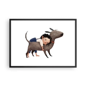 Poster in cornice nera - Illustrazione in stile cartone animato di un bambino che abbraccia un cane - 70x50cm - I migliori amici - Decorazione murale moderna per soggiorno e camera da letto ARTTOR