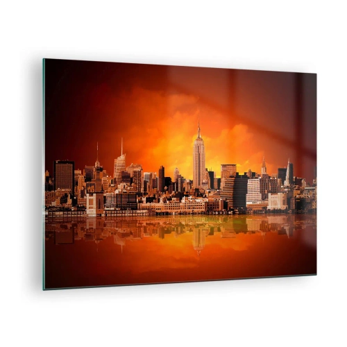 Quadro su vetro - Panorama della città al tramonto - 70x50cm - Panorama di grande città in giallo e marrone - Decorazione murale moderna per soggiorno e camera da letto ARTTOR