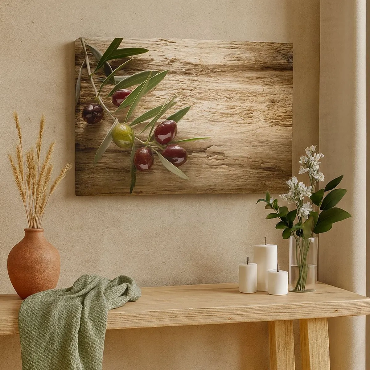 Quadro su tela - Stampe su Tela - Ramo d'ulivo con frutta su uno sfondo di legno invecchiato - 70x50cm - Direttamente dalla natura - Decorazione murale moderna per soggiorno e camera da letto ARTTOR
