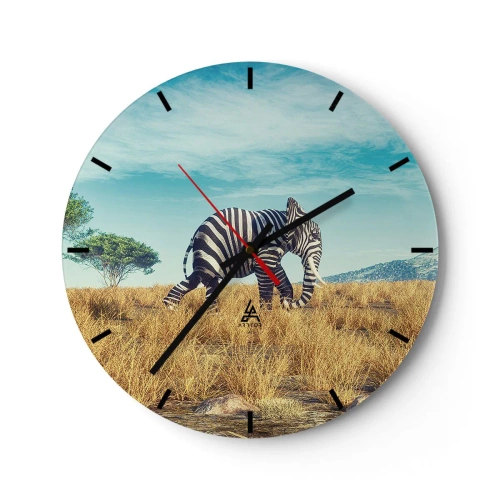 Orologio da parete - Orologio in Vetro - Un elefante con strisce zebrate bianche e nere nella savana - 30x30cm - Il grigio non è più di moda - Decorazione murale moderna per soggiorno, cucina e camera da letto ARTTOR