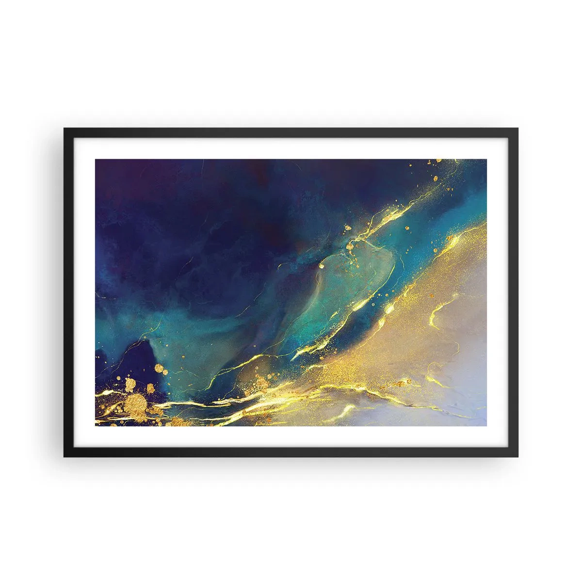 Poster in cornice nera - Composizione astratta nei toni del blu e dell'oro su tela - 70x50cm - La palude dorata - Decorazione murale moderna per soggiorno e camera da letto ARTTOR