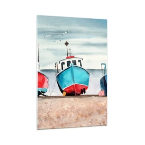 Quadro su vetro - Colorate barche da pesca sulla riva in un paesaggio marino - 70x100cm - Pronte alla pesca - Decorazione murale moderna per soggiorno e camera da letto ARTTOR