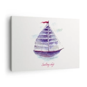 Quadro su tela - Stampe su Tela - Un dipinto ad acquerello di una barca a vela sull'acqua con una delicata iscrizione - 70x50cm - Gonfie vele e mare calmo - Decorazione murale moderna per soggiorno e camera da letto ARTTOR