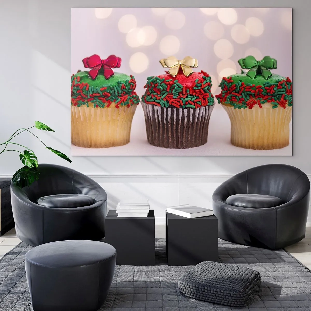 Quadro su vetro - Cupcake di Natale con decorazioni a fiocco - 120x80cm - Dolci a volontà - Decorazione murale moderna per soggiorno e camera da letto ARTTOR