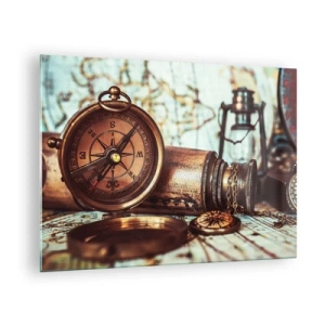 Quadro su vetro - Una bussola e una mappa antiche ambientate sullo sfondo di avventure piratesche - 70x50cm - Ti aspetta l'avventura dei pirati dei Caraibi - Decorazione murale moderna per soggiorno e camera da letto ARTTOR