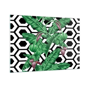 Quadro su vetro - Foglie e fiori tropicali su uno sfondo con motivo geometrico bianco e nero - 100x70cm - Composizione simmetrica con la natura - Decorazione murale moderna per soggiorno e camera da letto ARTTOR