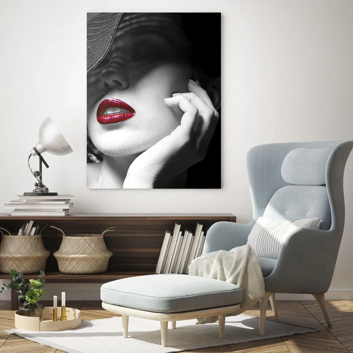 Quadro su vetro - Composizione in bianco e nero con un accento sulle labbra rosse - 50x70cm - Studio in scarlatto - Decorazione murale moderna per soggiorno e camera da letto ARTTOR
