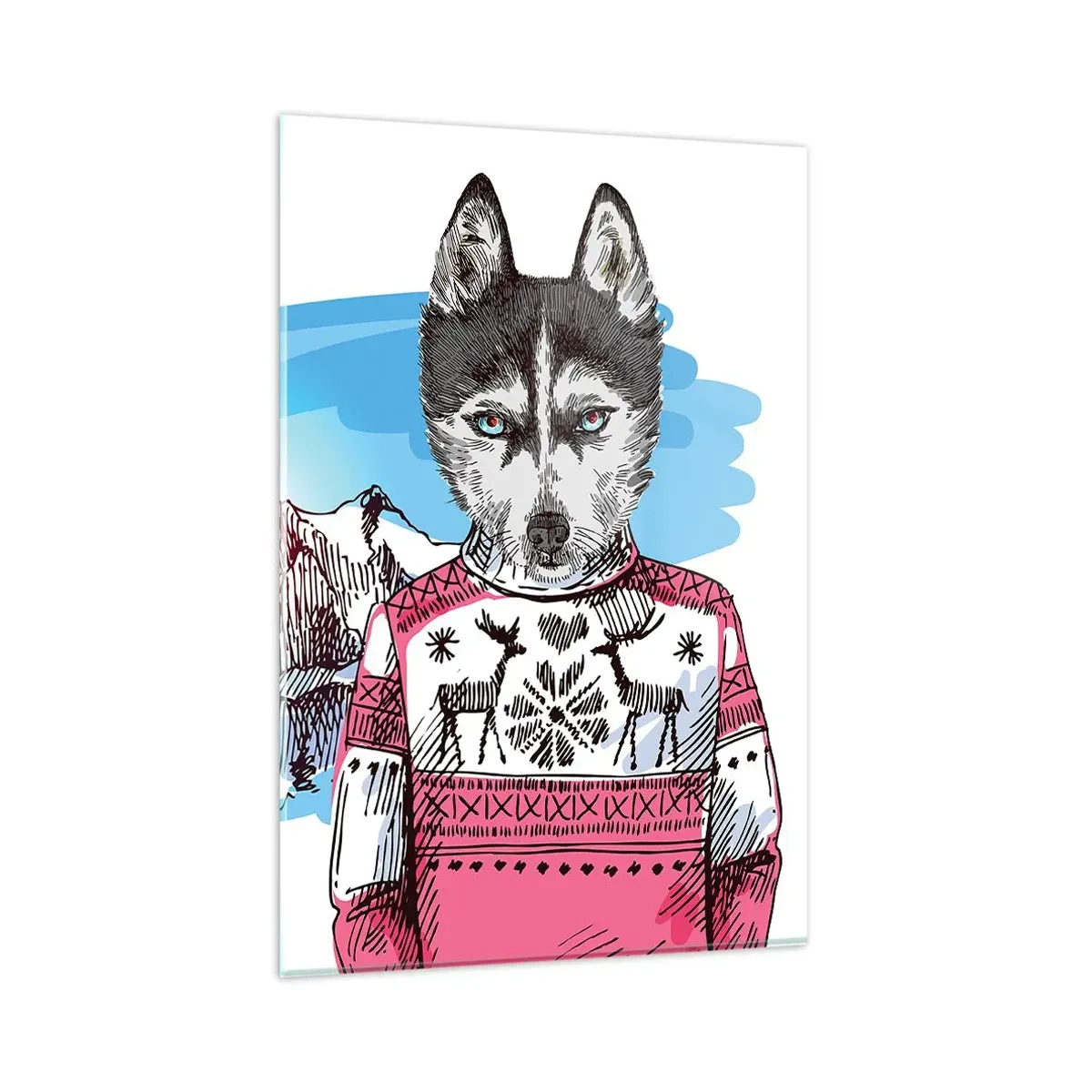 Quadro su vetro - Un lupo con un maglione invernale sullo sfondo di un paesaggio montano - 80x120cm - Lupo con lana di pecora - Decorazione murale moderna per soggiorno e camera da letto ARTTOR