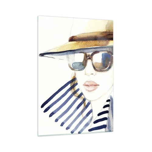 Quadro su vetro - Donna elegante con cappello e occhiali in stile acquerello - 50x70cm - La Florida dà il benvenuto! - Decorazione murale moderna per soggiorno e camera da letto ARTTOR