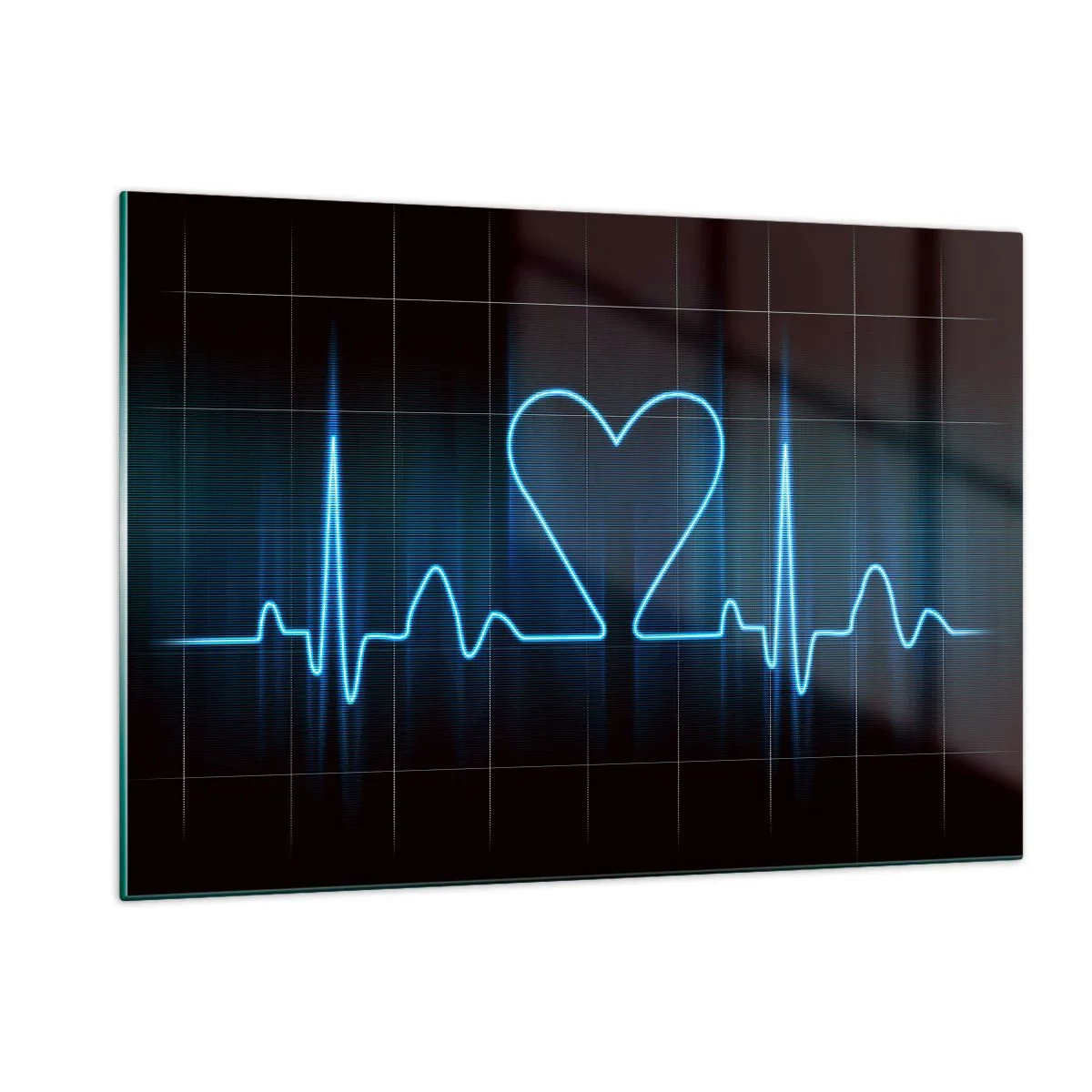 Quadro su vetro - Linea di vita con un cuore su uno sfondo scuro in luce blu - 120x80cm - Al ritmo del cuore - Decorazione murale moderna per soggiorno e camera da letto ARTTOR