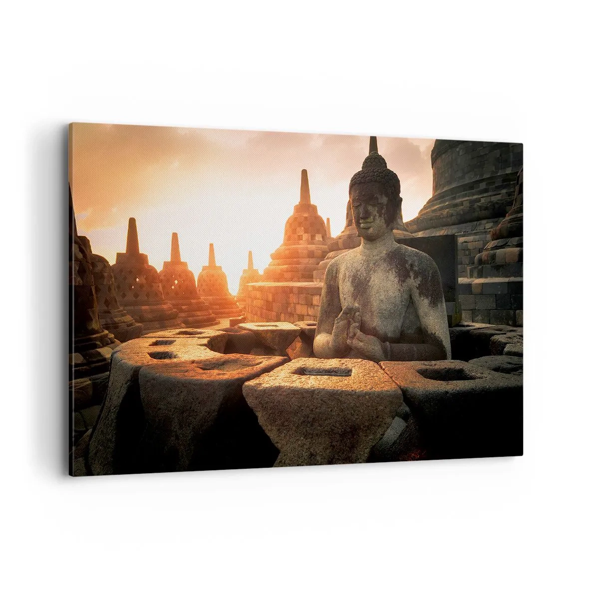 Quadro su tela - Stampe su Tela - Statua del Buddha al tempio di Borobudur al tramonto - 120x80cm - La pagoda della grande saggezza - Decorazione murale moderna per soggiorno e camera da letto ARTTOR