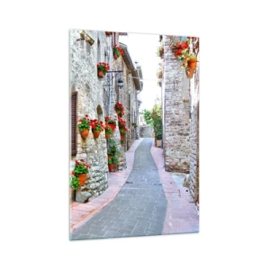 Quadro su vetro - Una strada stretta con edifici in pietra decorati con vasi di fiori - 70x100cm - Atmosfera italiana - Decorazione murale moderna per soggiorno e camera da letto ARTTOR