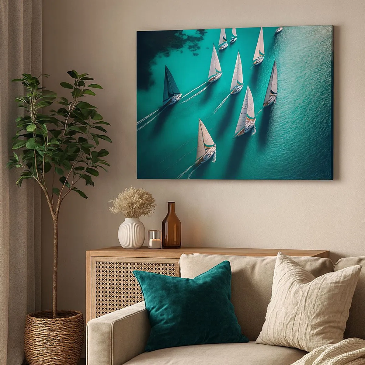 Quadro su tela - Stampe su Tela - Yacht in movimento dinamico sulle acque turchesi - 70x50cm - In gara con il vento - Decorazione murale moderna per soggiorno e camera da letto ARTTOR