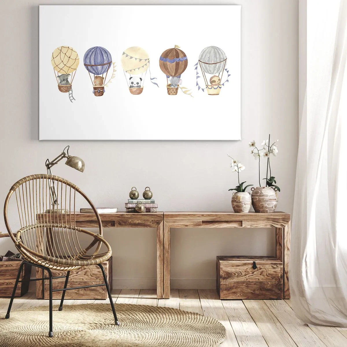 Quadro su tela - Stampe su Tela - Simpatici animali in palloncini su sfondo bianco - 70x50cm - Amici in viaggio - Decorazione murale moderna per soggiorno e camera da letto ARTTOR