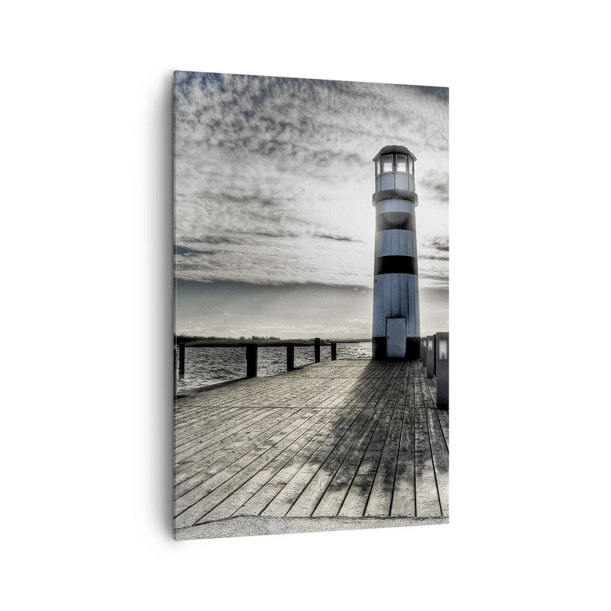 Quadro su tela - Stampe su Tela - Faro su un molo di legno con vista sul mare. - 80x120cm - Marinai, vi aspettiamo - Decorazione murale moderna per soggiorno e camera da letto ARTTOR