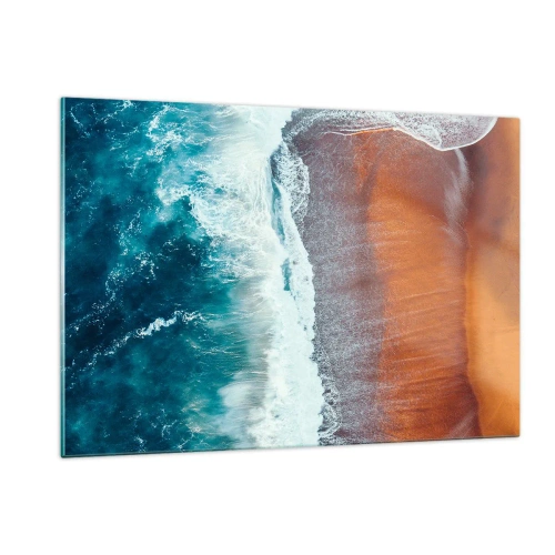 Quadro su vetro - Vista aerea della superficie dell'oceano e della riva della spiaggia - 120x80cm - Il tocco dell'oceano - Decorazione murale moderna per soggiorno e camera da letto ARTTOR