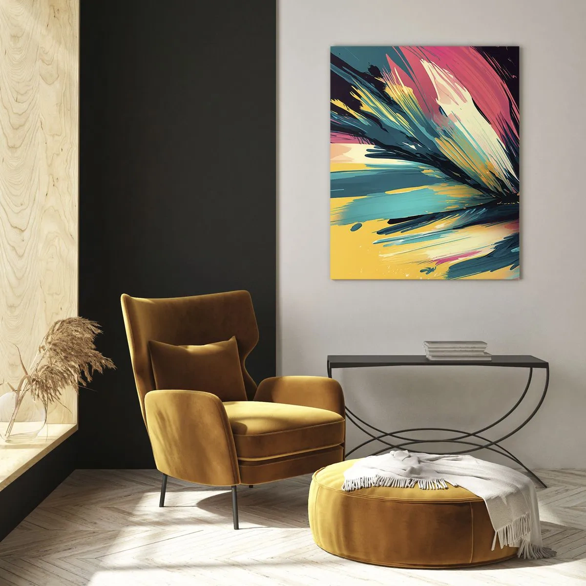 Quadro su vetro - Pennellate dinamiche in colori vivaci - 50x70cm - Composizione: esplosione di gioia - Decorazione murale moderna per soggiorno e camera da letto ARTTOR