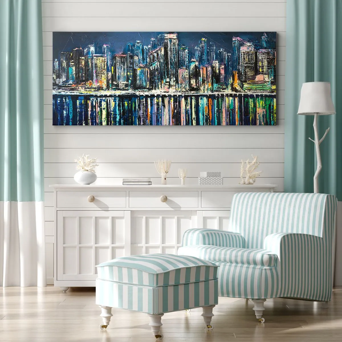 Quadro su tela - Stampe su Tela - Panorama della città notturna riflessa nell'acqua - 120x50cm - Cascata di luci - Decorazione murale moderna per soggiorno e camera da letto ARTTOR