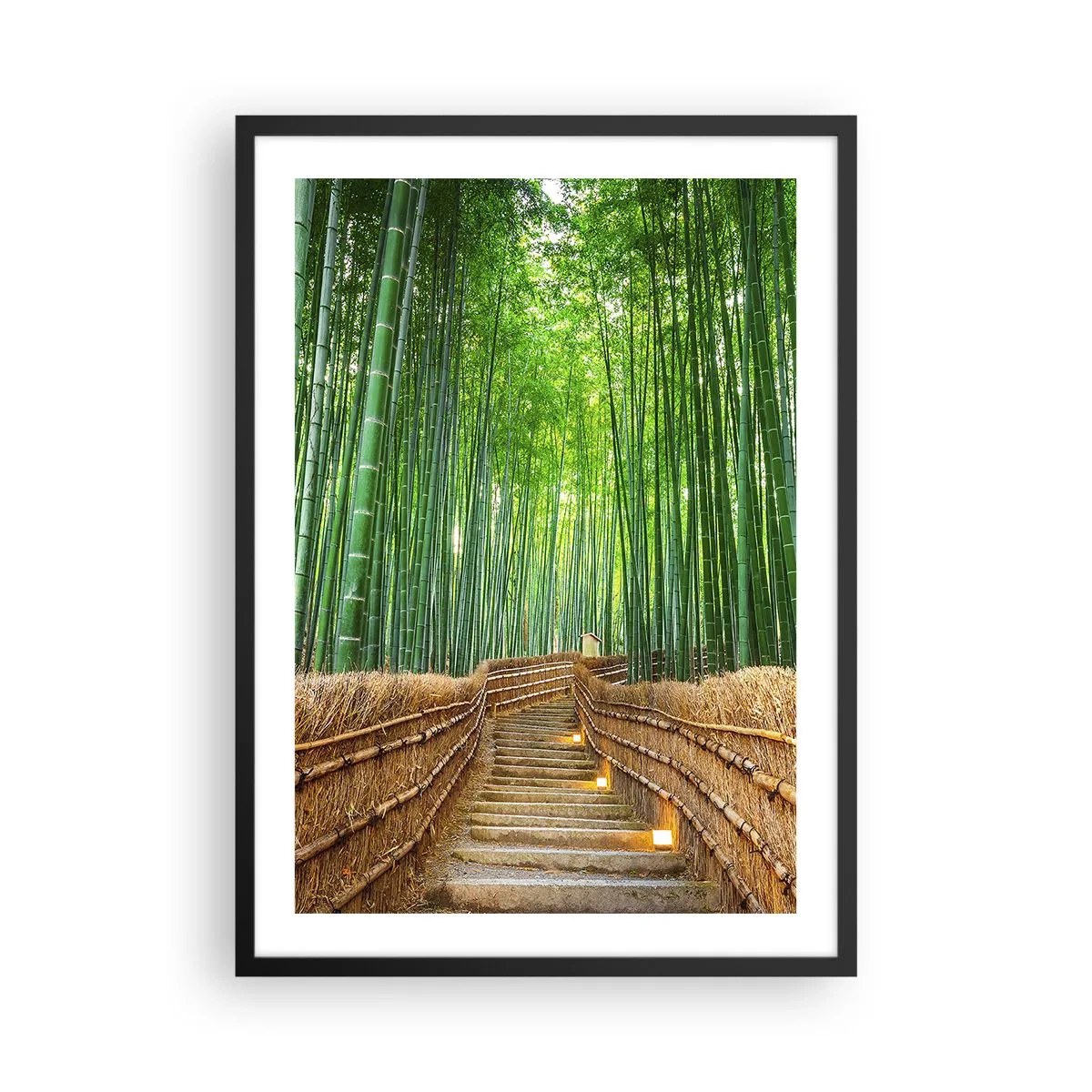 Poster in cornice nera - Percorso attraverso la foresta di bambù con illuminazione - 50x70cm - Essenza della natura asiatica - Decorazione murale moderna per soggiorno e camera da letto ARTTOR
