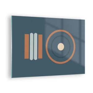 Quadro su vetro - Forme geometriche astratte in colori tenui, caratterizzate da cerchi e linee - 70x50cm - L'essenza delle cose - Decorazione murale moderna per soggiorno e camera da letto ARTTOR