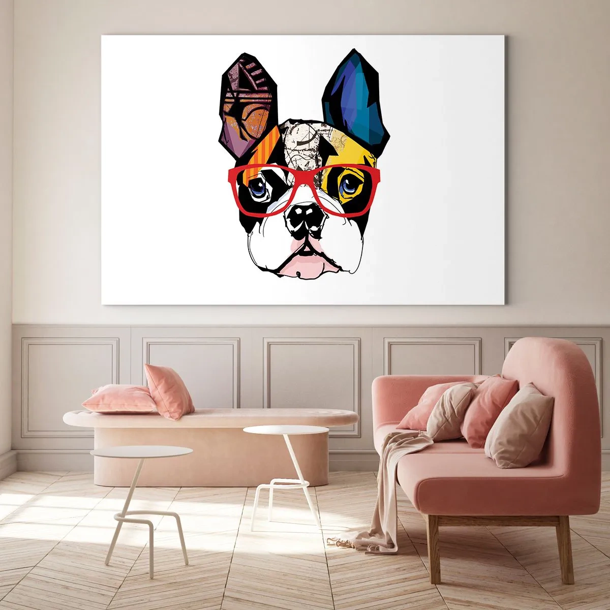 Quadro su vetro - Bulldog che indossa occhiali colorati su sfondo bianco - 70x50cm - Intellettuale - Decorazione murale moderna per soggiorno e camera da letto ARTTOR