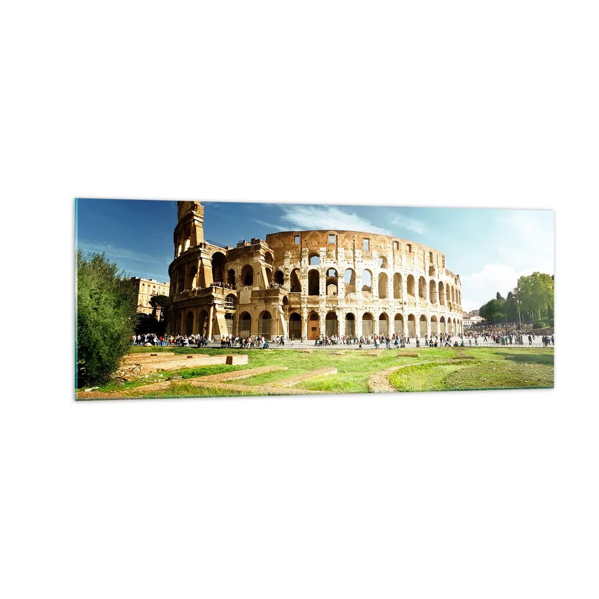 Quadro su vetro - Il Colosseo a Roma circondato dal verde e dal cielo azzurro - 140x50cm - Si sente ancora il rumore delle armi - Decorazione murale moderna per soggiorno e camera da letto ARTTOR