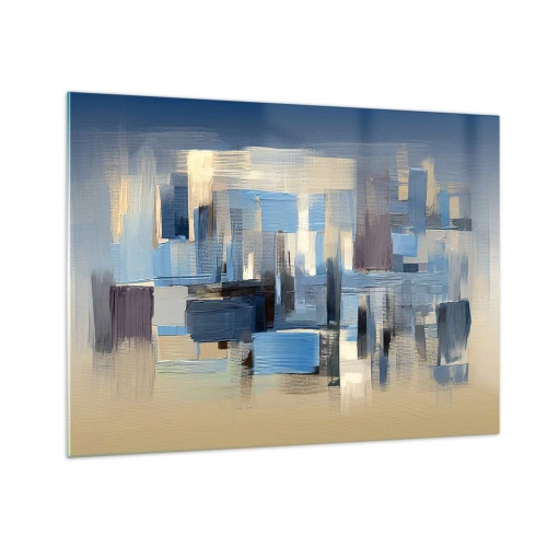 Quadro su vetro - Pennellate geometriche nei toni del blu e del beige - 70x50cm - Struttura blu - Decorazione murale moderna per soggiorno e camera da letto ARTTOR