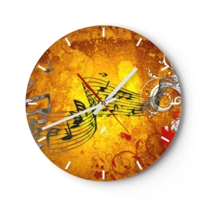 Orologio da parete - Orologio in Vetro - Sfondo dorato con note musicali ed elementi musicali decorativi - 30x30cm - Che la musica scorra - Decorazione murale moderna per soggiorno, cucina e camera da letto ARTTOR