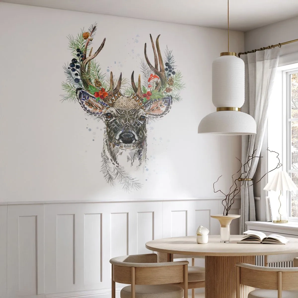 Fotomurali Premium Canvas - Cervo stilizzato con corna decorative su sfondo bianco - 100x70cm - Nell'abito della festa - Decorazione murale moderna per soggiorno e camera da letto ARTTOR