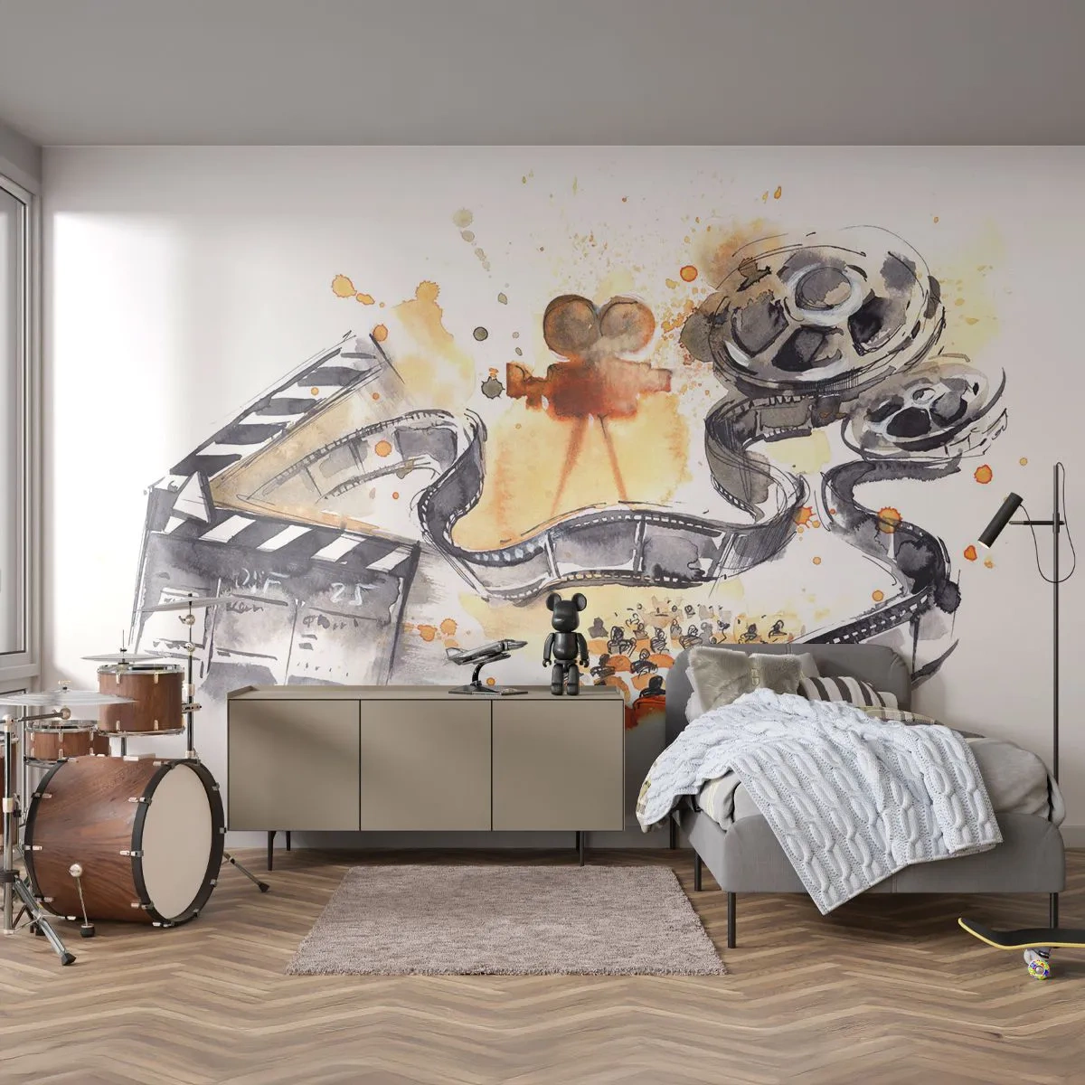 Fotomurali Premium Sand - Illustrazione cinematografica con telecamera, nastro e ciak del regista - 100x70cm - Nel paese dei sogni - Decorazione murale moderna per soggiorno e camera da letto ARTTOR
