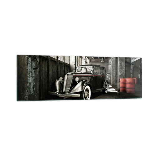 Quadro su vetro - Elegante auto retrò in un magazzino grezzo - 160x50cm - L'eleganza eterna degli anni '30 - Decorazione murale moderna per soggiorno e camera da letto ARTTOR
